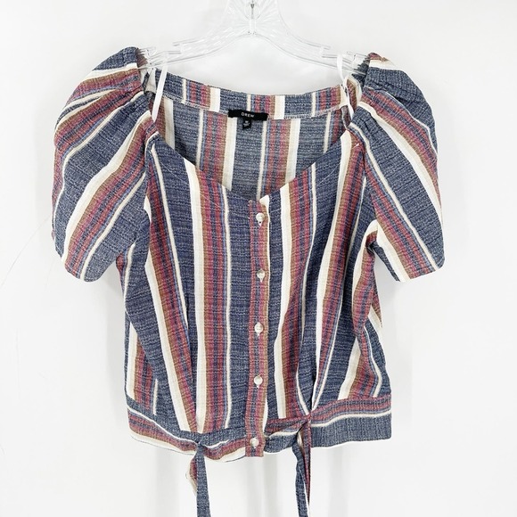 Drew Multicolor Striped Cotton Button Up Tie Front Cropped Top Size Medium - Picture 1 of 9